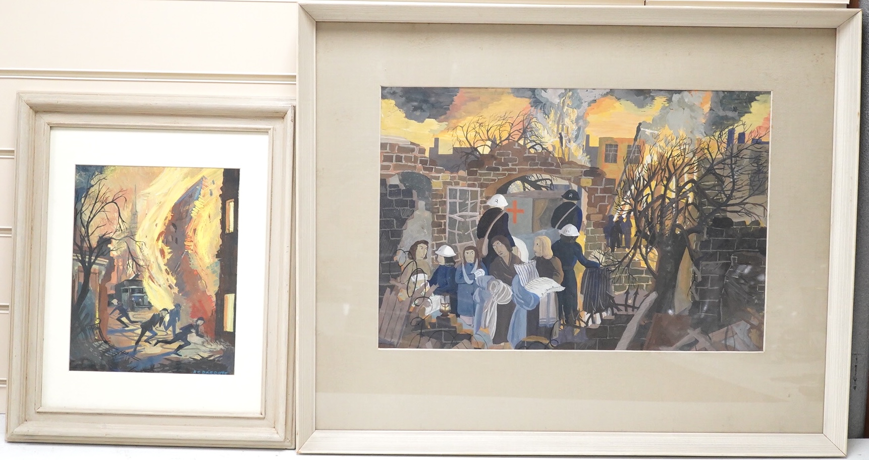 Anthony C. Parrot (20th Century) 'Blitz', a study of figures congregating outside a bombed house, with stretcher bearers entering the ruins of the building, gouache, 32cm x 47.5cm; together with another similar smaller s